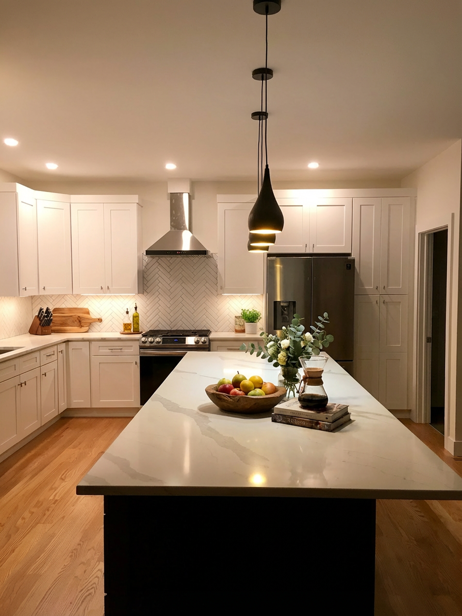 A modern kitchen with white cabinets and a marble island.